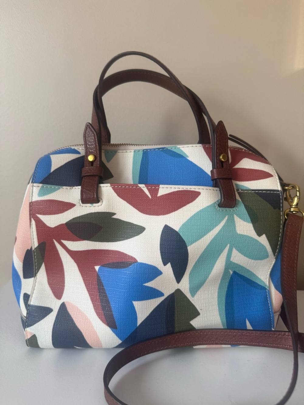 Fossil - Multicolor Leaf-Print Dome Satchel Bag - Brown Trim - Picture 2 of 6